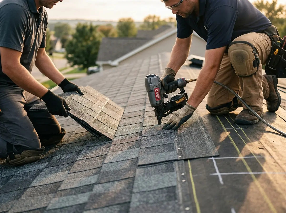 Professional roofer working on a residential roof in Connerton